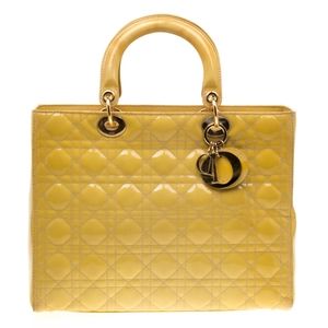 Dior yellow patent leather lady Dior large tote shoulder bag